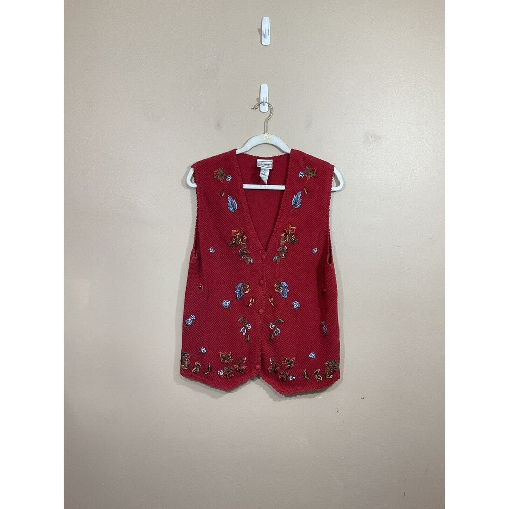 VTG Womens Embroidered Floral Sweater Vest 1X Red Cottagecore Granny Retro 90s